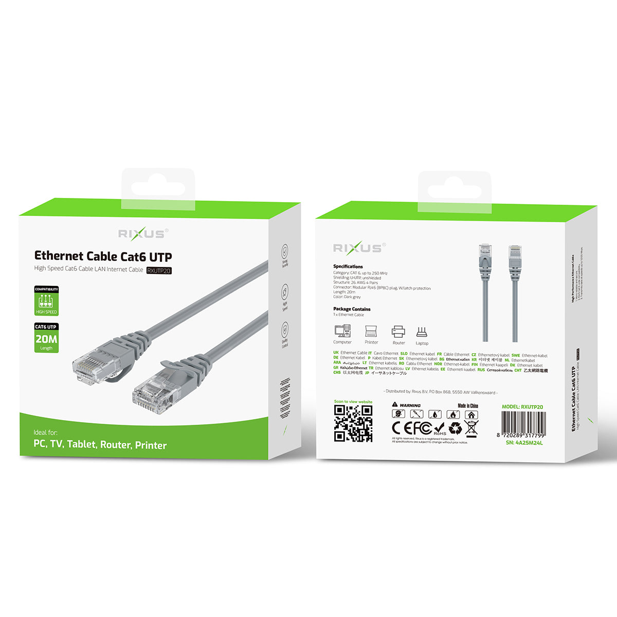 Rixus RXUTP20 Ethernet Cable Cat 6 UTP 20m