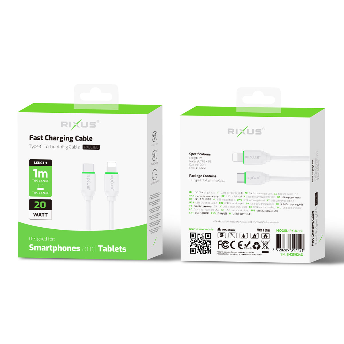 Rixus RXUC18L Fast Charging USB-C To Lightning Connector Cable White
