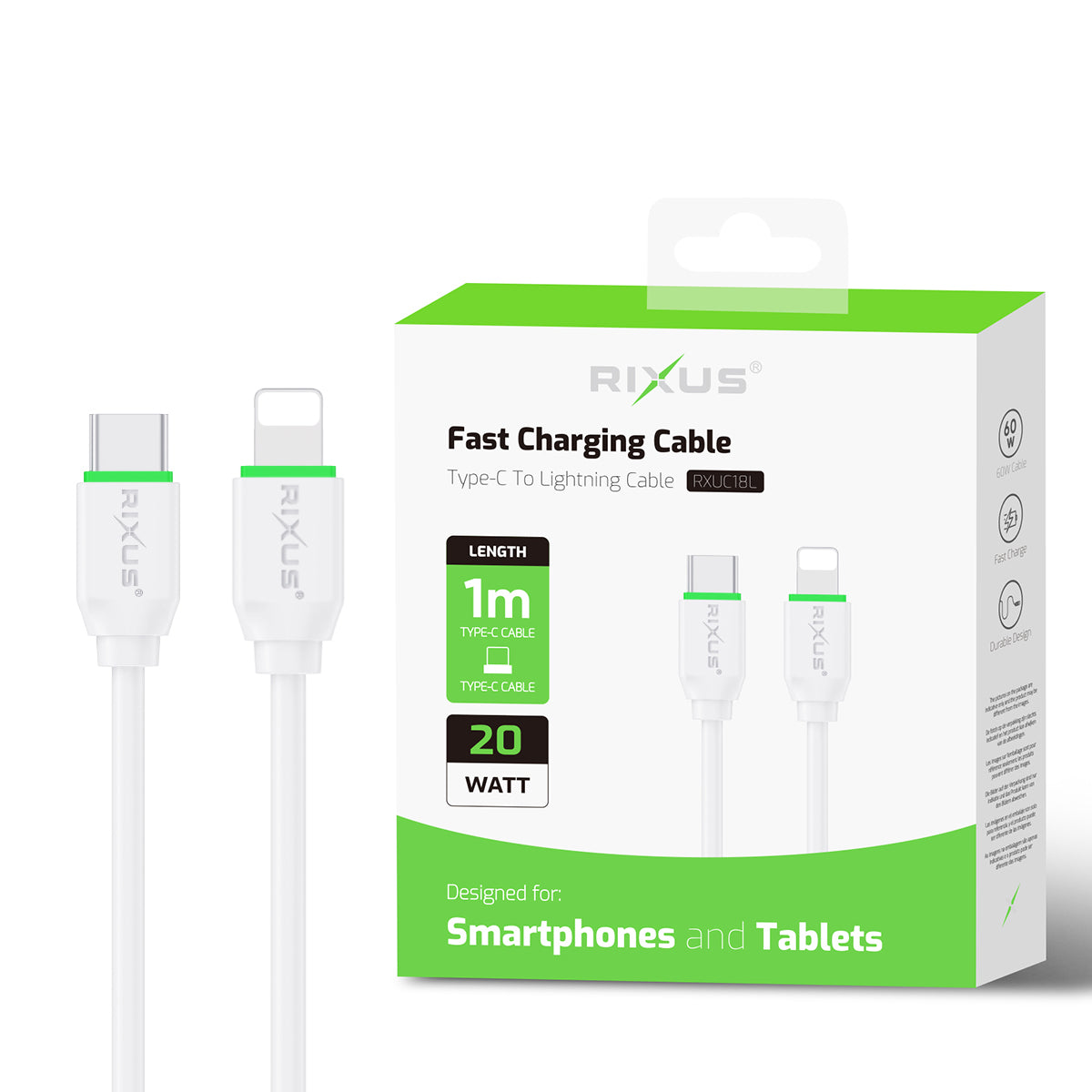 Rixus RXUC18L Fast Charging USB-C To Lightning Connector Cable White
