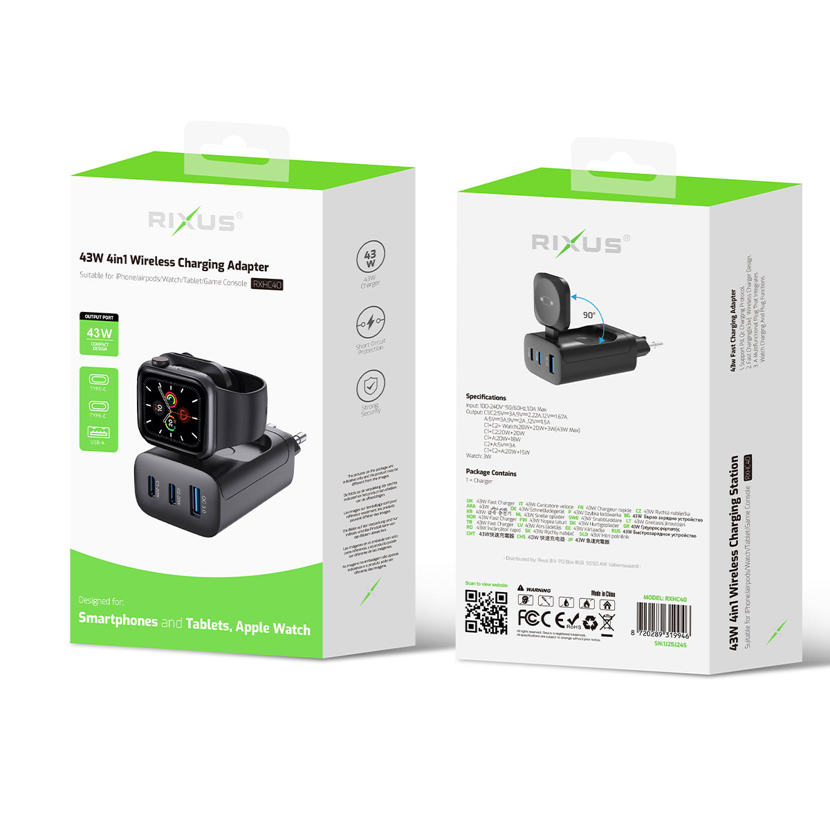 Rixus RXHC40 43W Charging Block For Apple iWatch, iPhone, Airpods Black