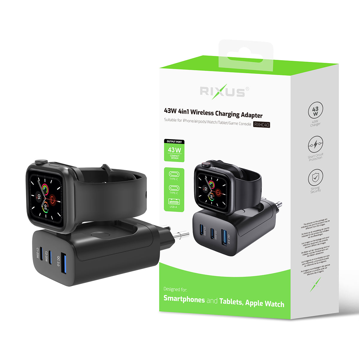 Rixus RXHC40 43W Charging Block For Apple iWatch, iPhone, Airpods Black