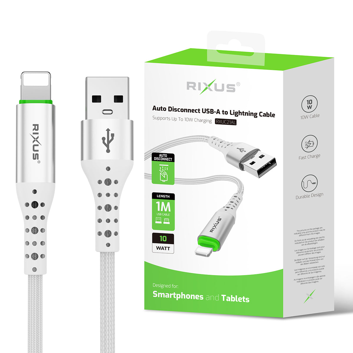 Rixus RXUC21AL Auto Disconnect USB-A To Lightning Connector Cable White