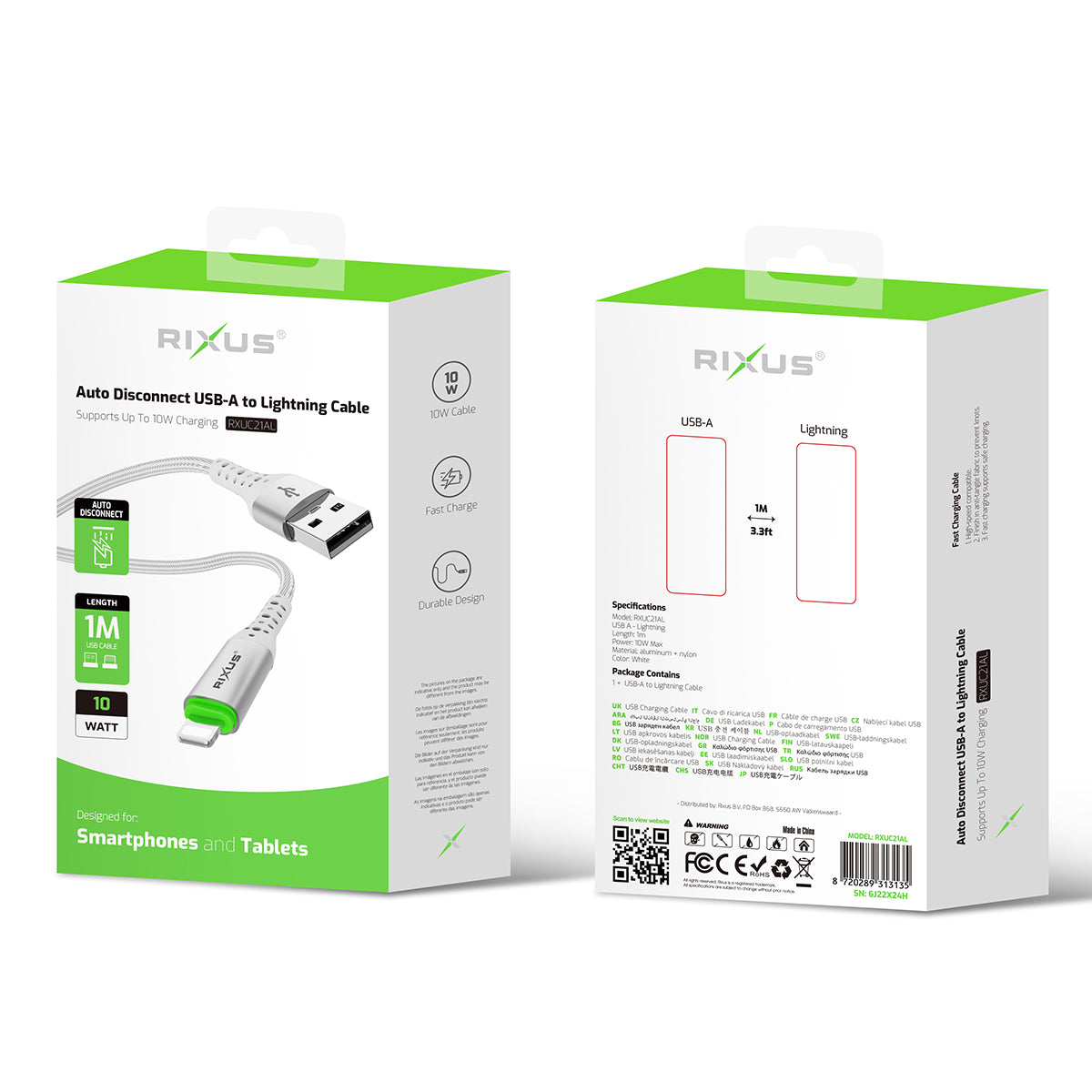 Rixus RXUC21AL Auto Disconnect USB-A To Lightning Connector Cable White