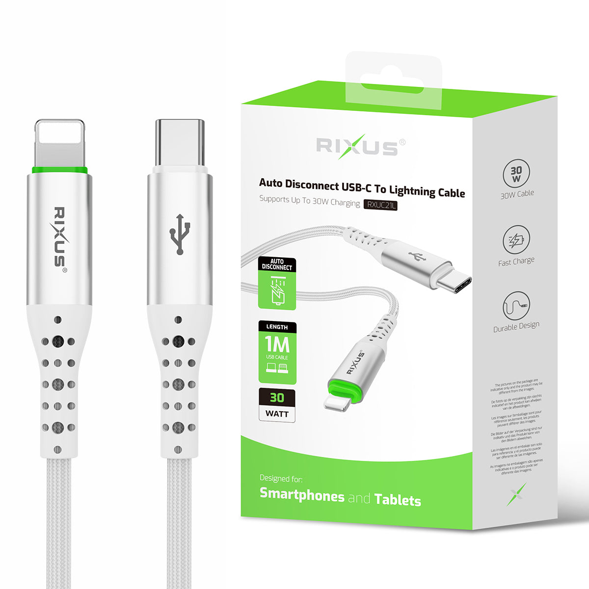 Rixus RXUC21L Auto Disconnect USB-C To Lightning Connector Cable White