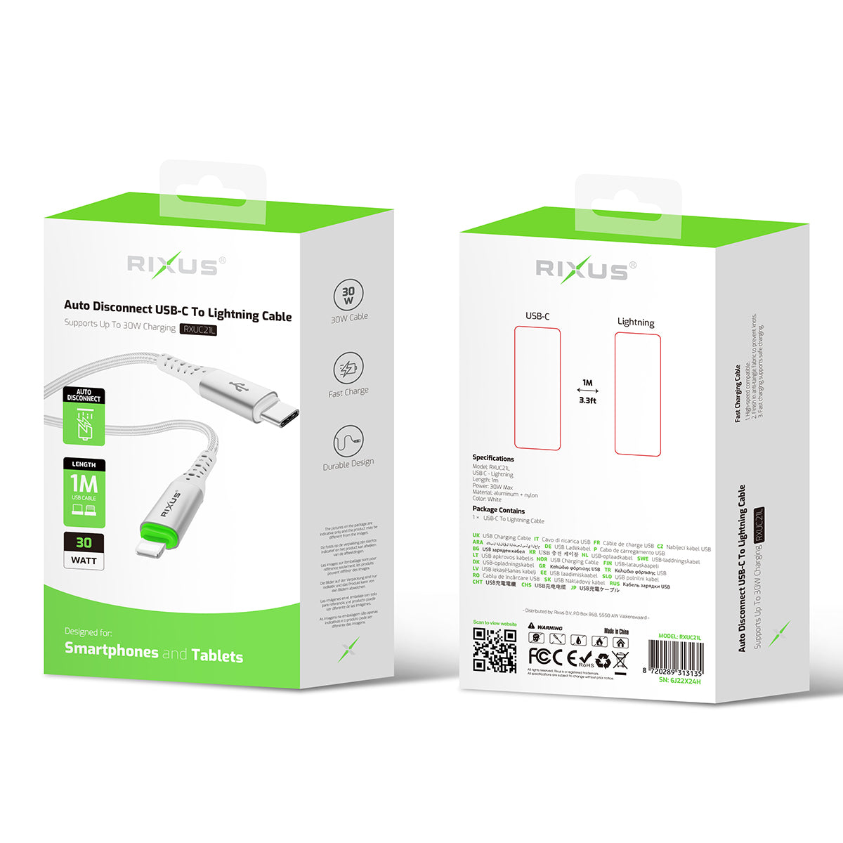 Rixus RXUC21L Auto Disconnect USB-C To Lightning Connector Cable White