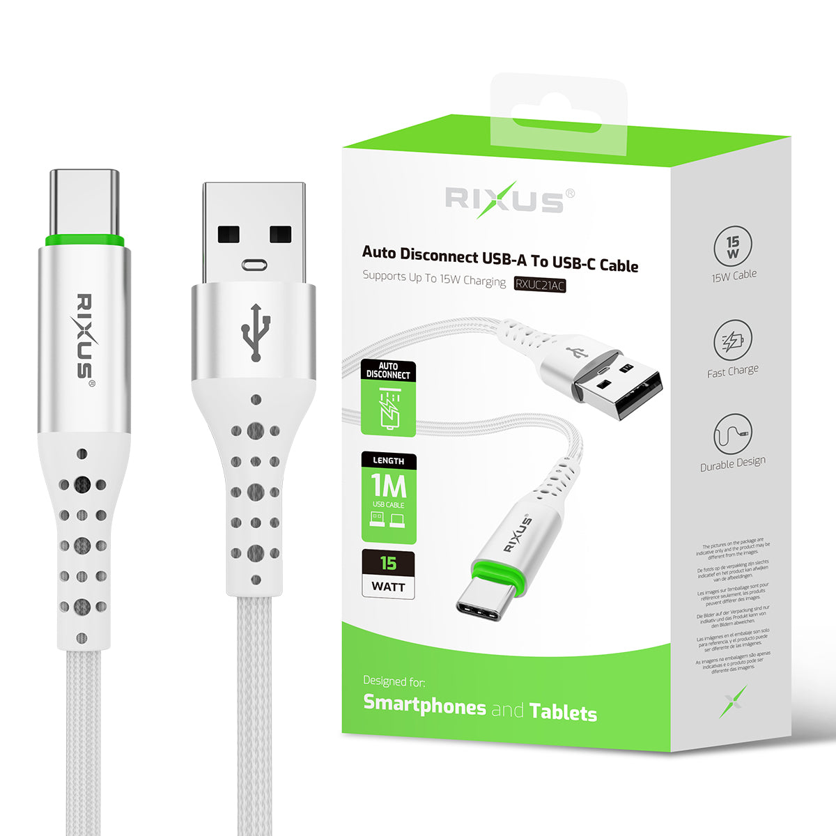 Rixus RXUC21AC Auto Disconnect USB-A To USB-C Cable White