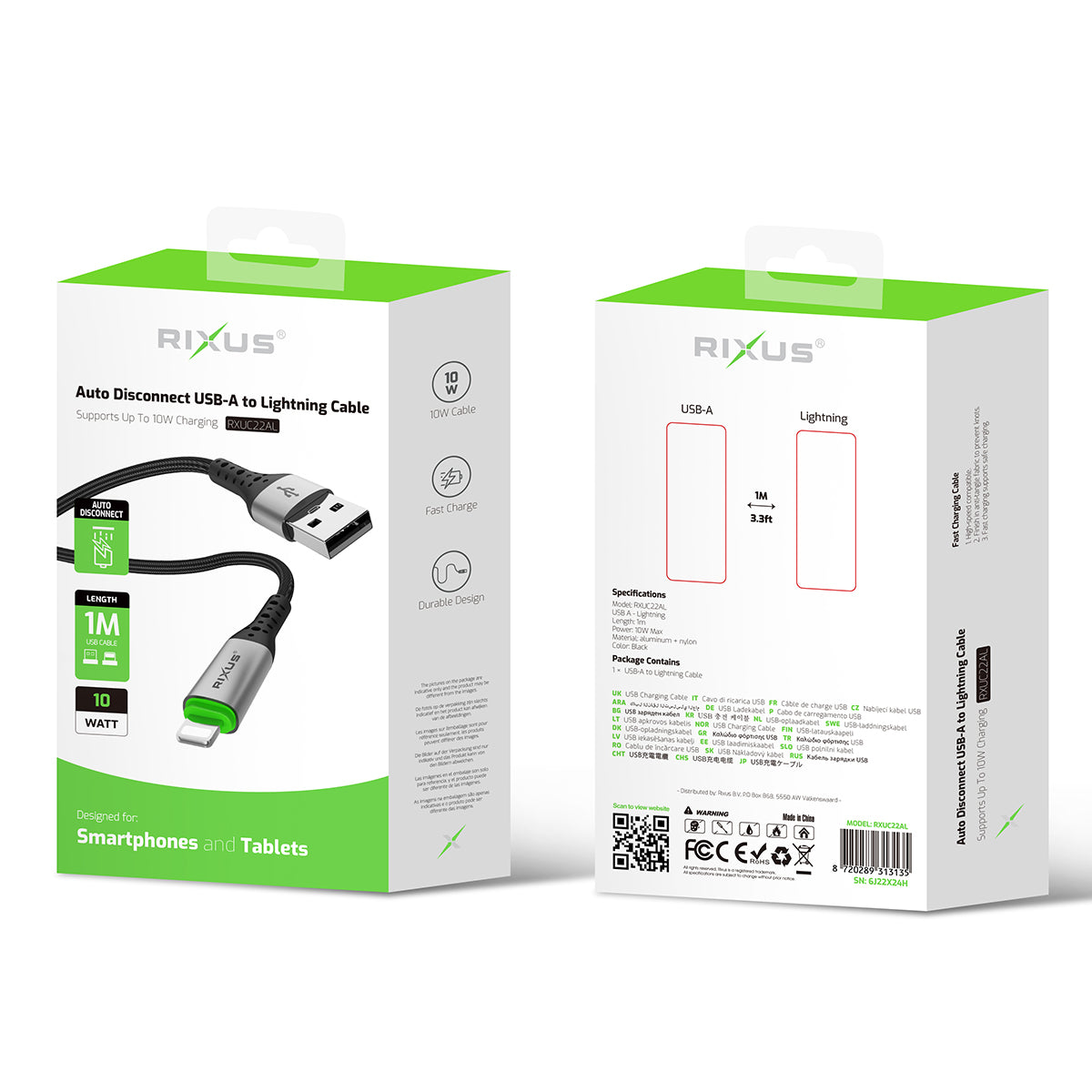 Rixus RXUC22AL Auto Disconnect USB-A To Lightning Connector Cable Black