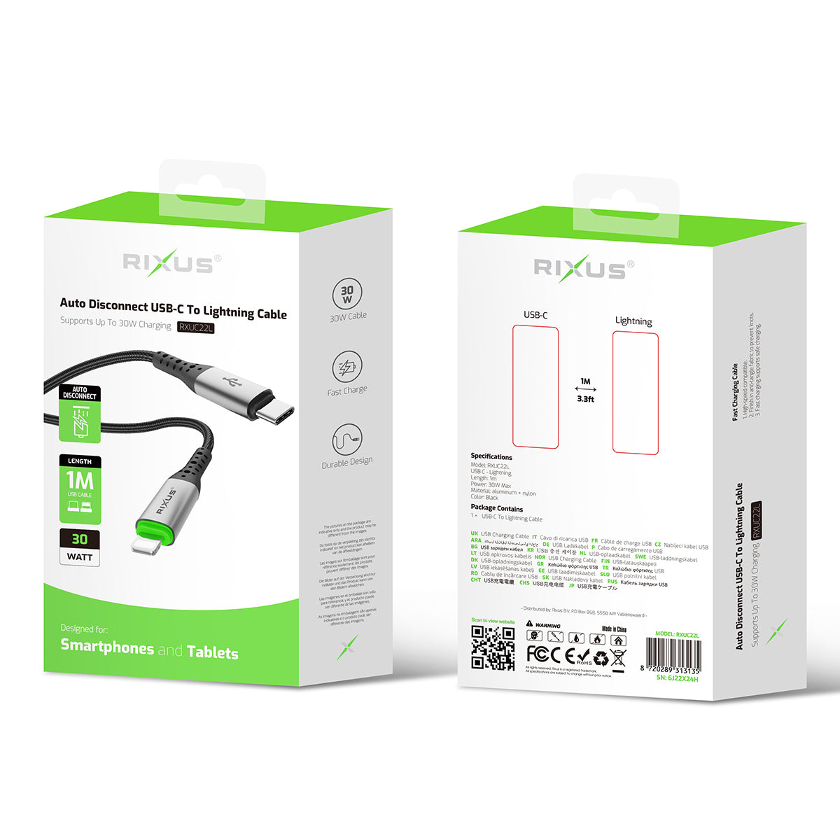 Rixus RXUC22L Auto Disconnect USB-C To Lightning Connector Cable Black
