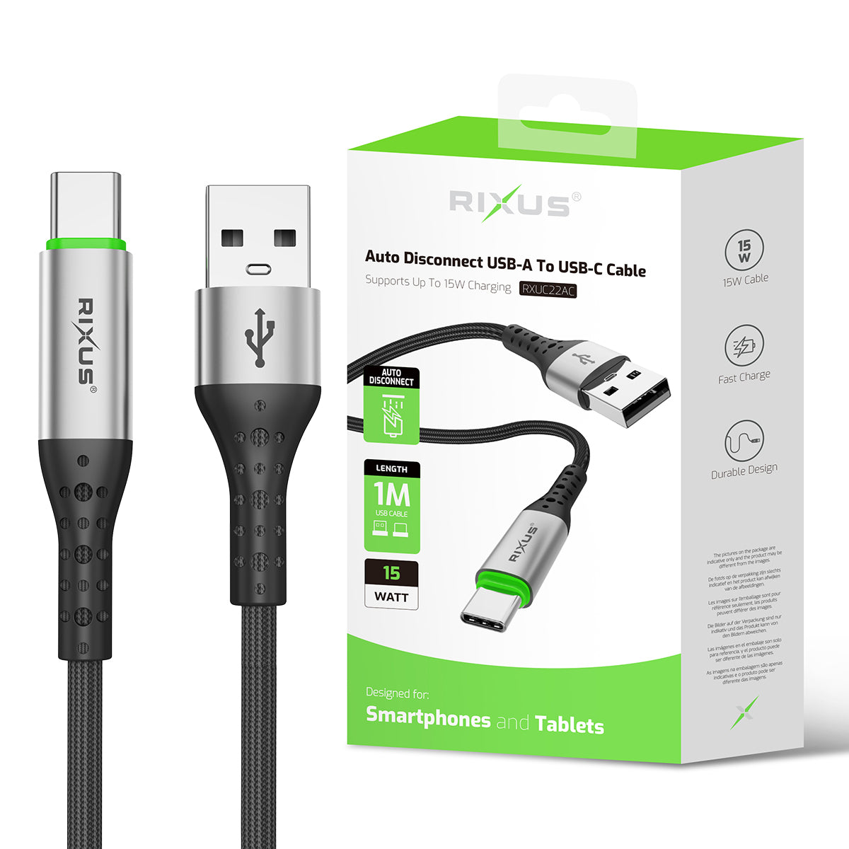 Rixus RXUC22AC Auto Disconnect USB-A To USB-C Cable Black