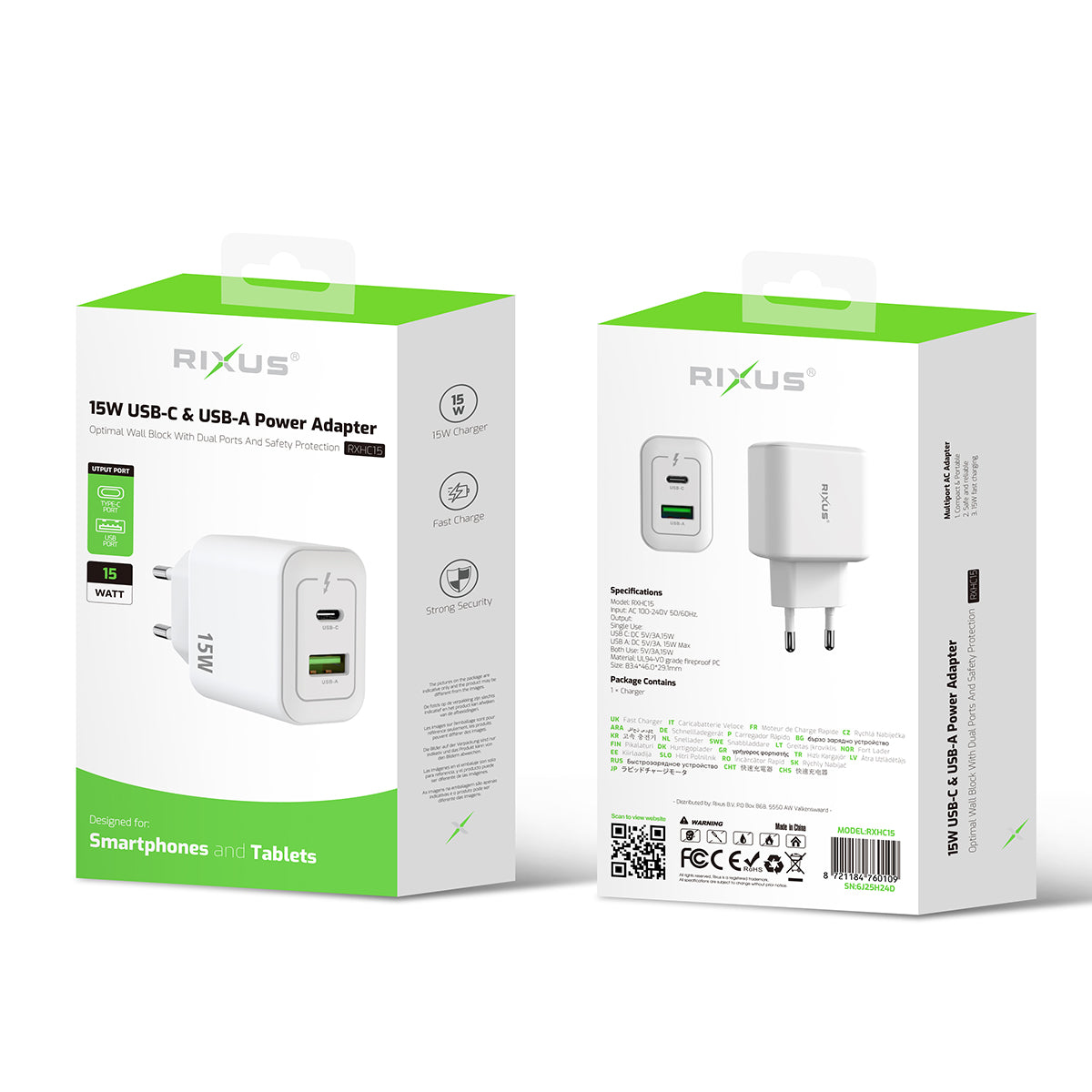 Rixus RXHC15 USB-C, USB-A Power Adapter 15W White