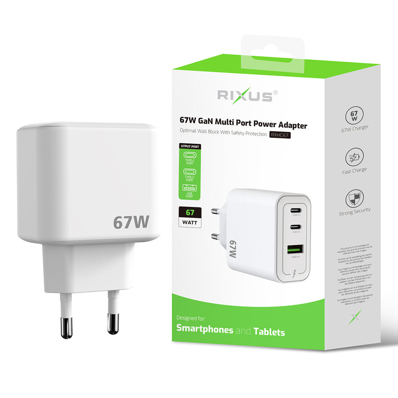 Rixus RXHC67 65W GaN Multi Port Power Adapter White
