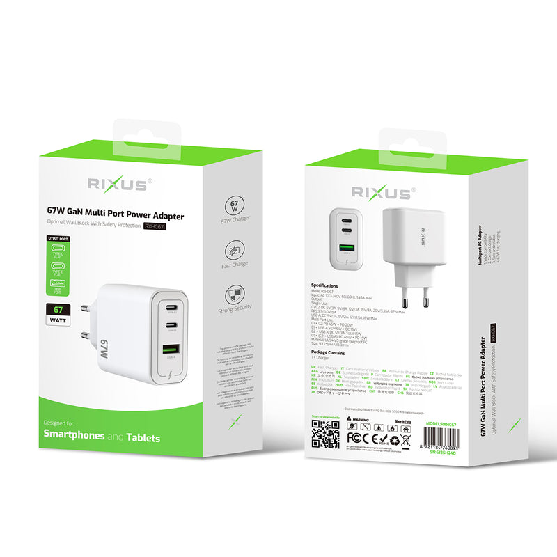 Rixus RXHC67 65W GaN Multi Port Power Adapter White