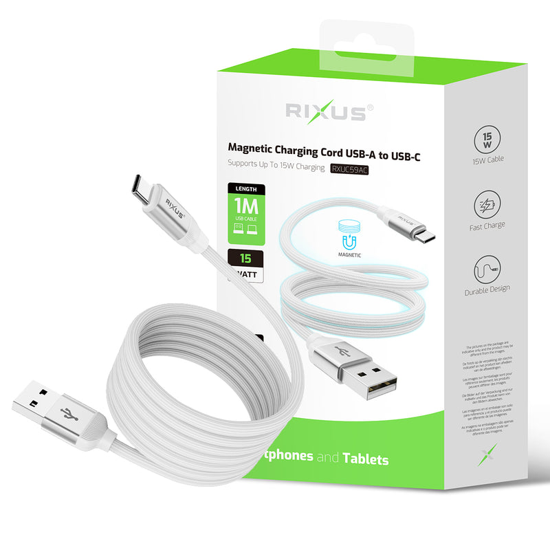 Rixus RXUC59AC Magnetic Charging Cord USB-A To USB-C 100 CM 15W White