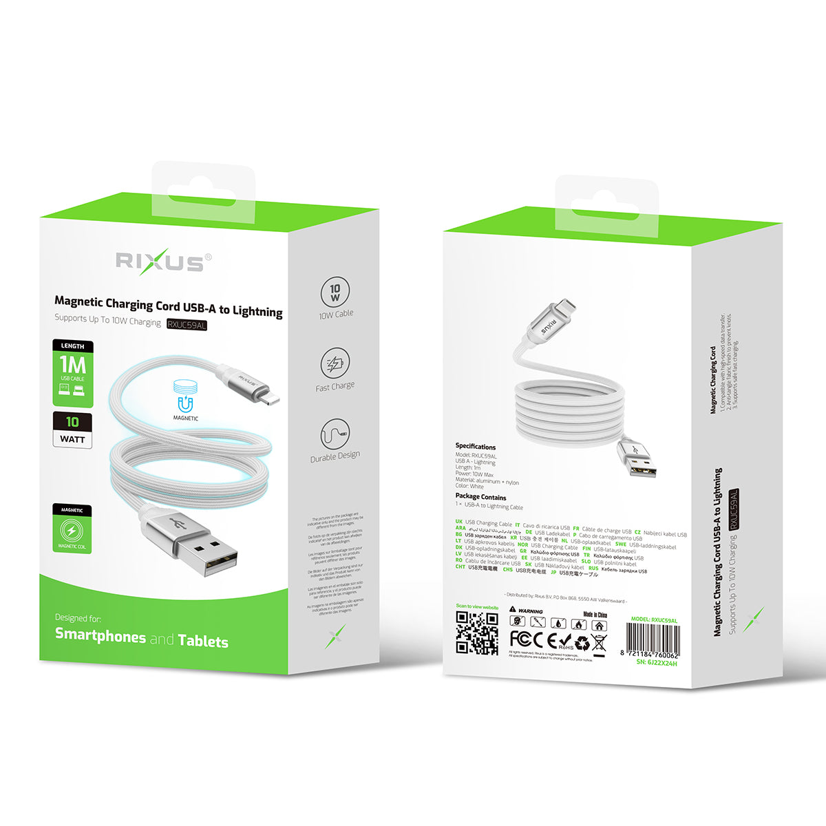 Rixus RXUC59AL Magnetic Charging Cord USB-A To Lightning Connector 1m 10W White