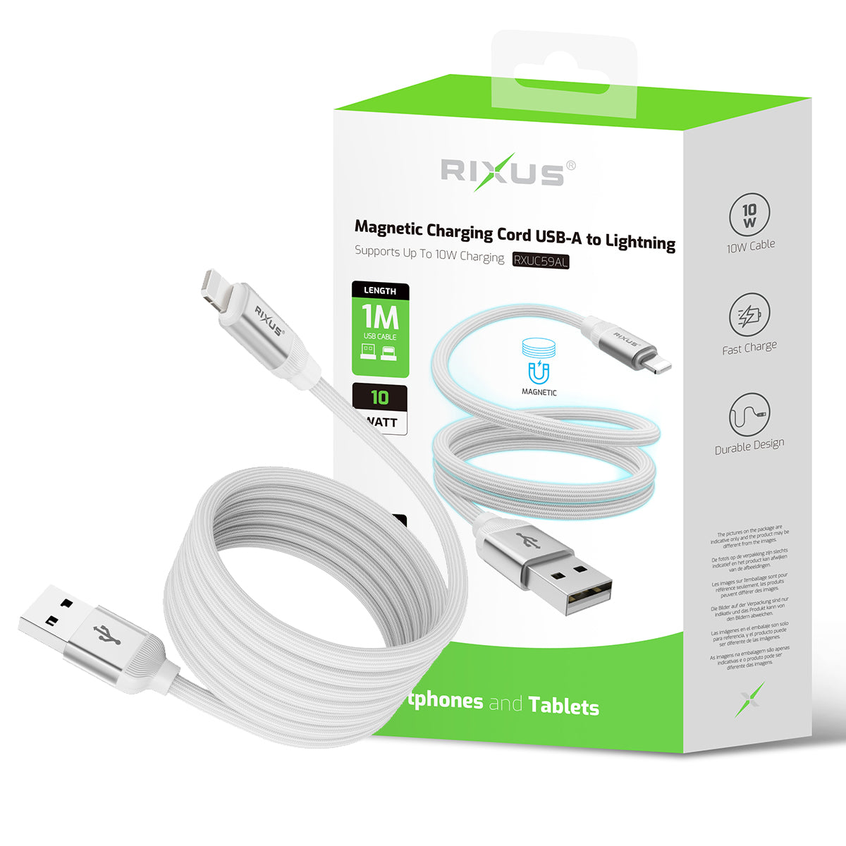 Rixus RXUC59AL Magnetic Charging Cord USB-A To Lightning Connector 1m 10W White
