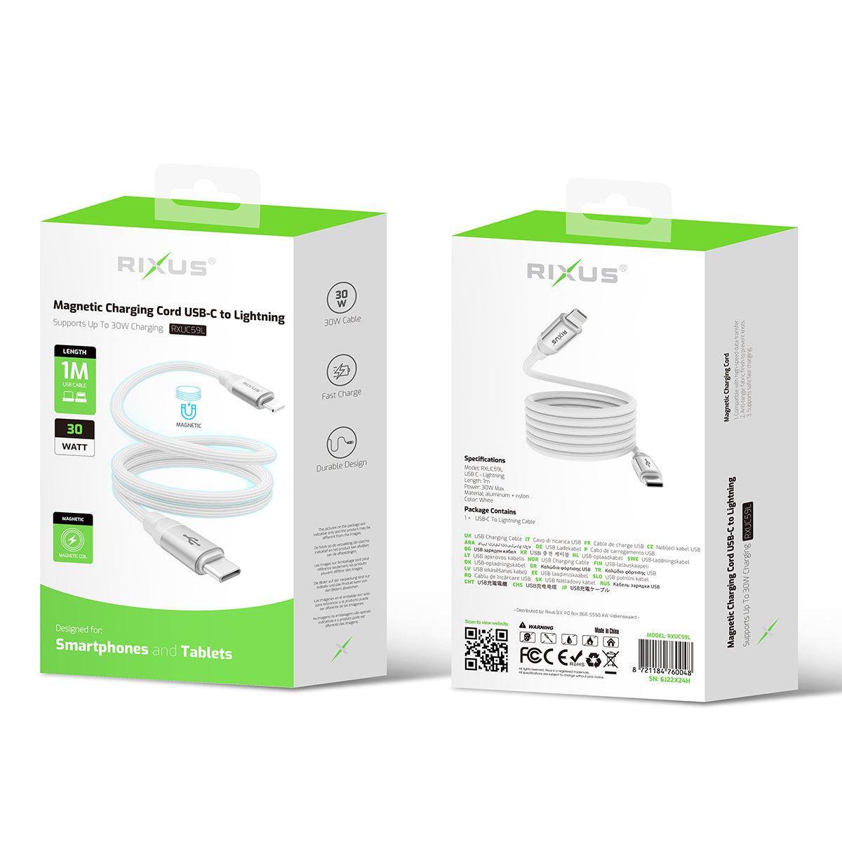Rixus RXUC59L Magnetic Charging Cord USB-C To Lightning Connector 1m 30W White