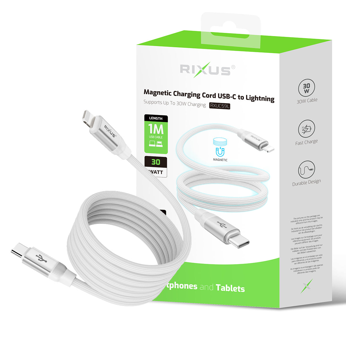 Rixus RXUC59L Magnetic Charging Cord USB-C To Lightning Connector 1m 30W White