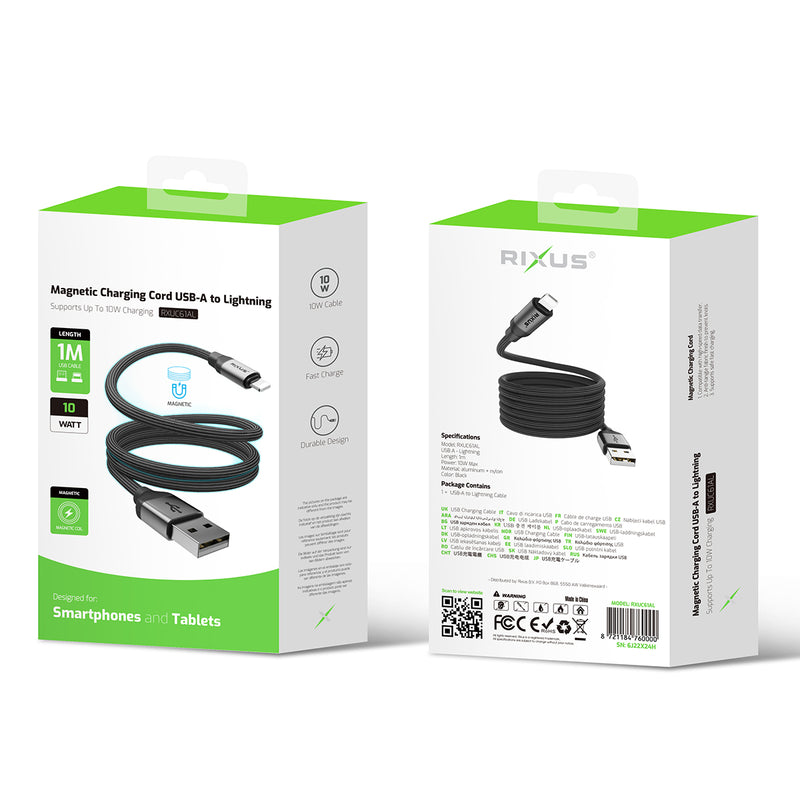 Rixus RXUC61AC Magnetic Charging Cord USB-A To USB-C 100CM 15W Black