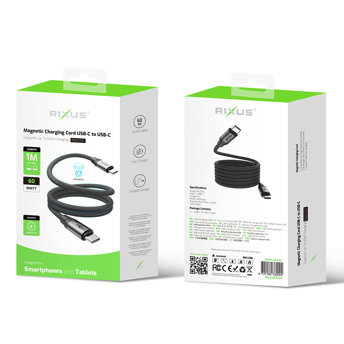 Rixus RXUC61C Magnetic Charging Cord USB-C To USB-C 1m 60W Black