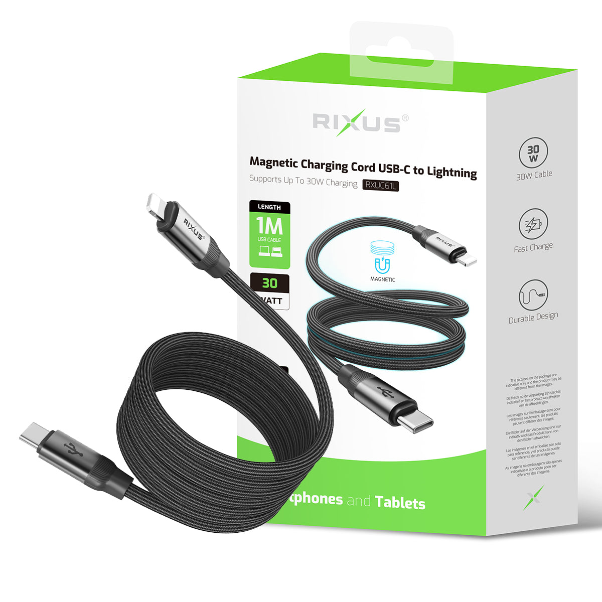 Rixus RXUC61L Magnetic Charging Cord USB-C To Lightning Connector 1m 30W Black