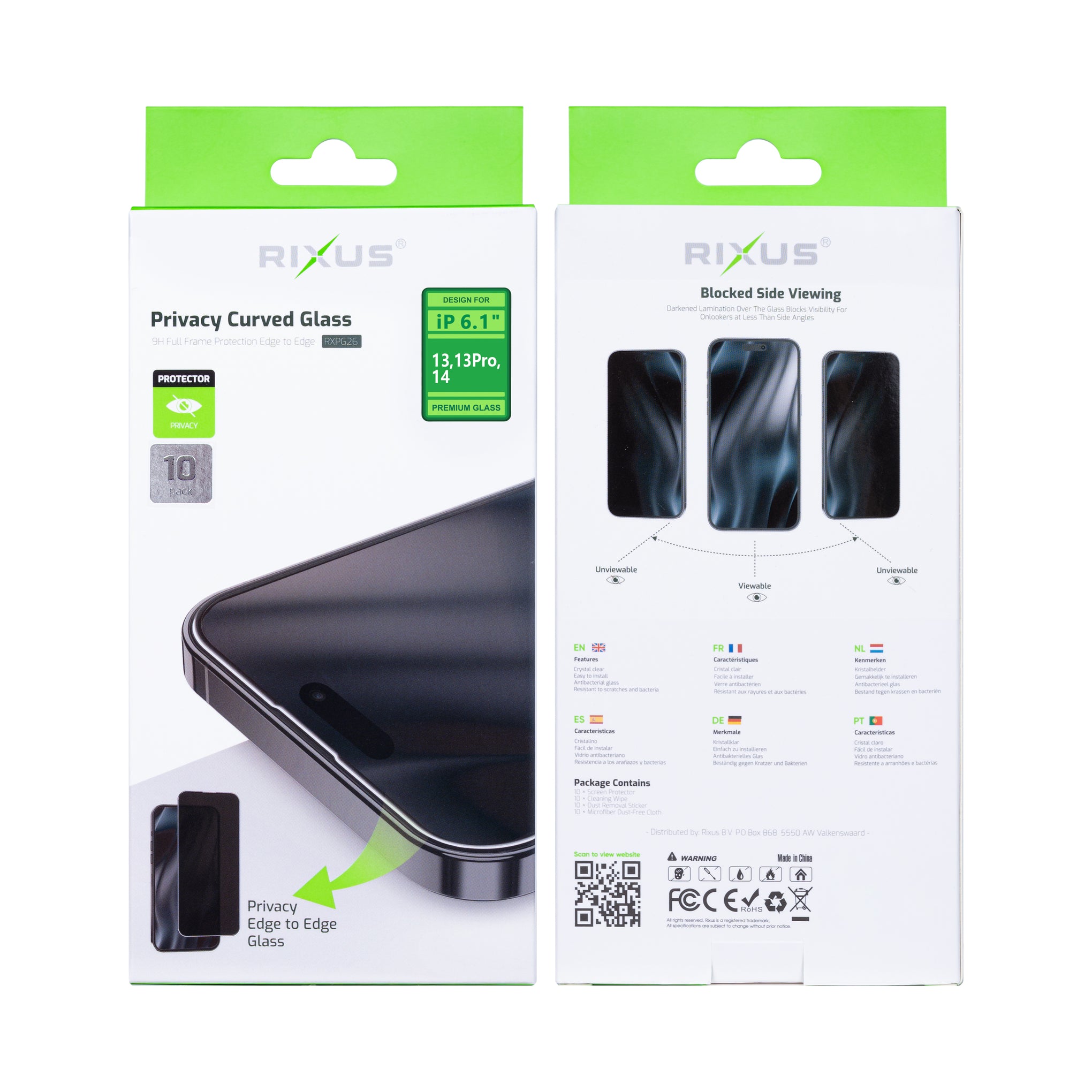 Rixus Privacy Full Curved Edge Tempered Glass For Apple iPhone 14, 13, 13 Pro, 16e, 17e (10-Pack)