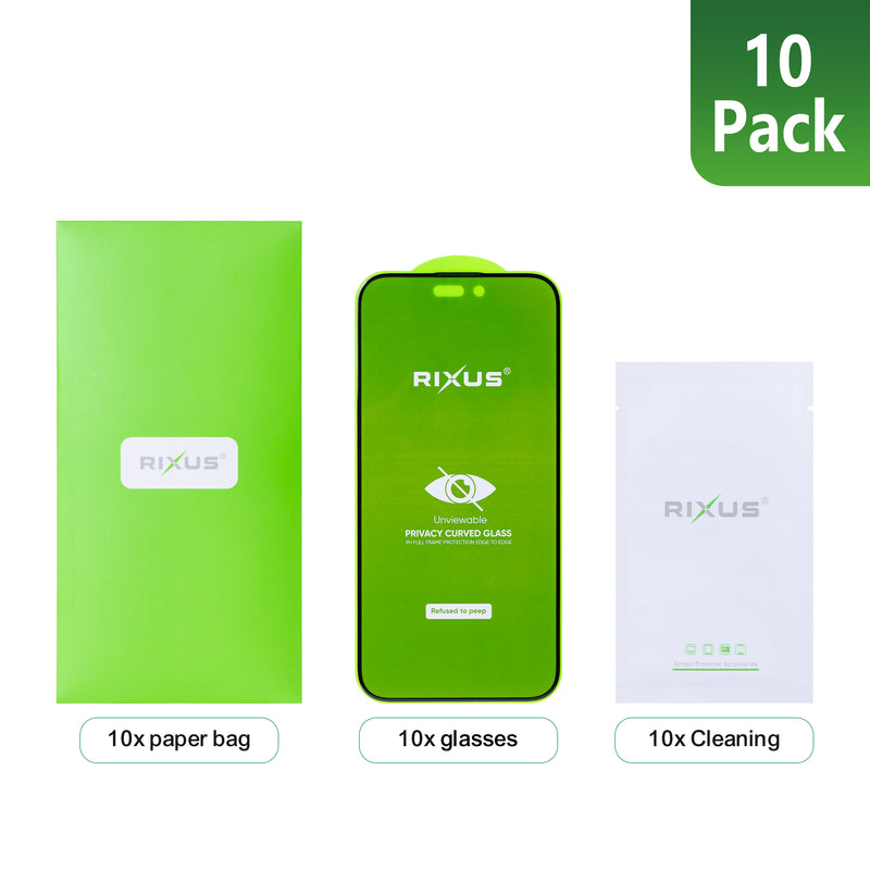 Rixus Privacy Full Curved Edge Tempered Glass For iPhone 14, 13, 13 Pro, 16e (10-Pack)