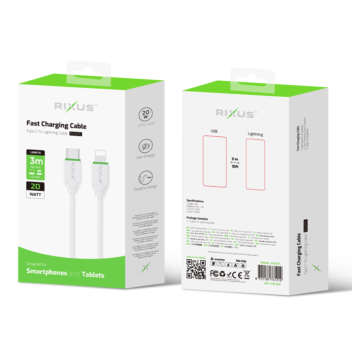 Rixus RX2017L Data Sync And Fast Charge Cable USB-C To Lightning Connector 3m