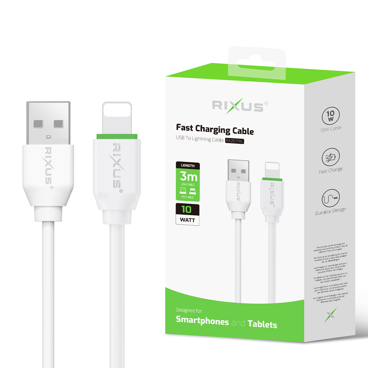 Rixus RX2017AL Data Sync And Fast Charge Cable USB To Lightning Connector 3m