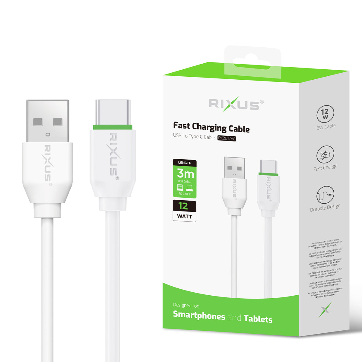 Rixus RX2017AC Data Sync And Fast Charge Cable USB To USB-C 3m
