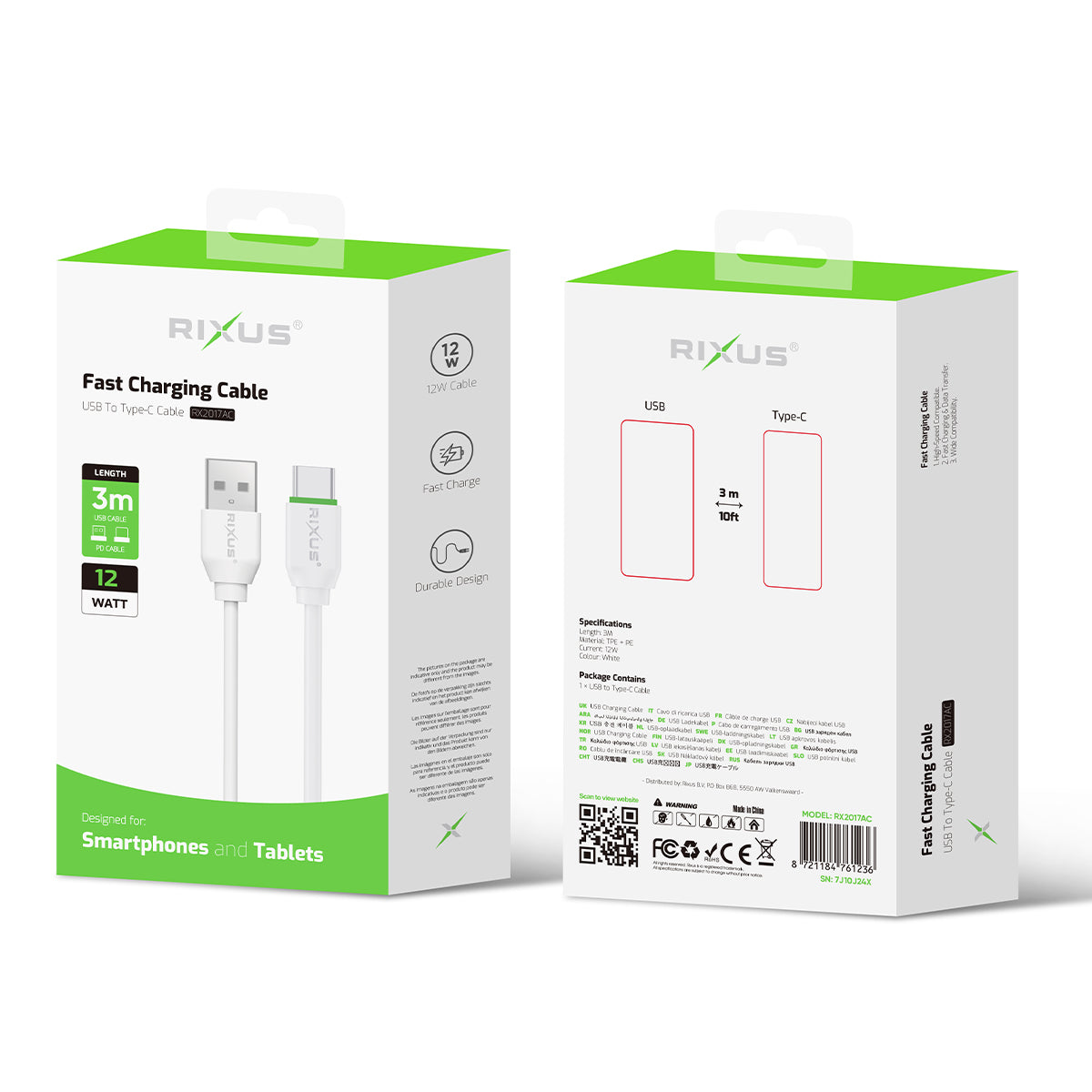 Rixus RX2017AC Data Sync And Fast Charge Cable USB To USB-C 3m