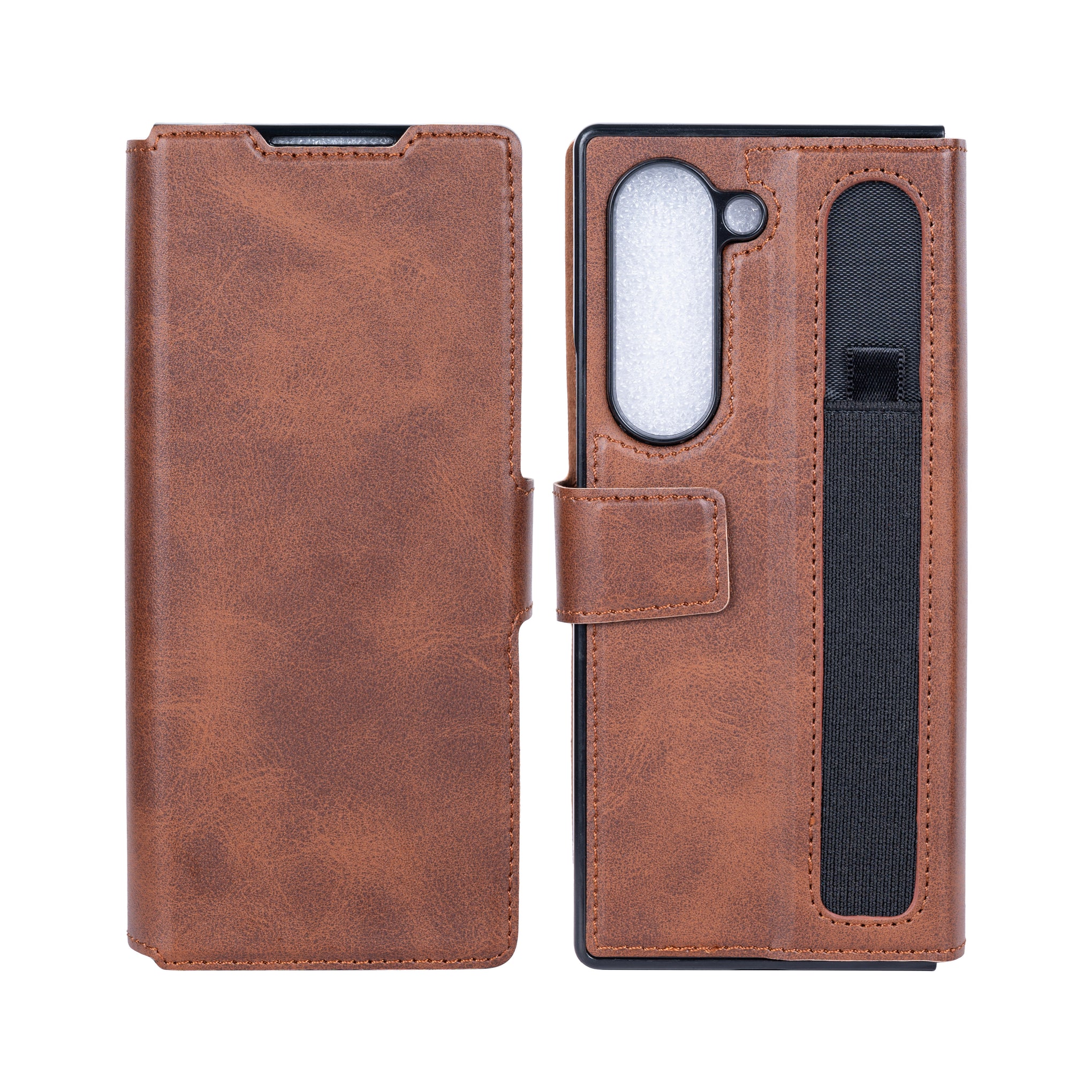Rixus Wallet Case With Pen Holder For Samsung Galaxy Z Fold5 Brown