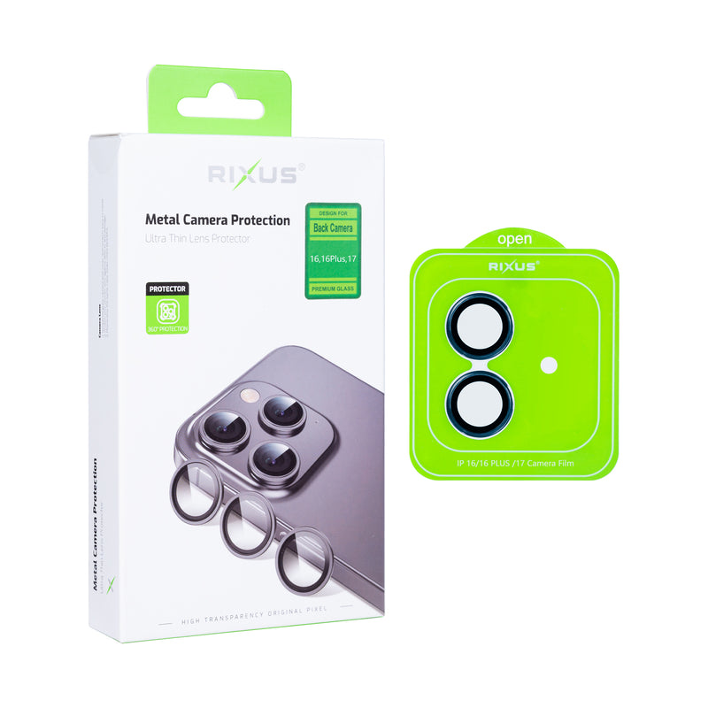 Rixus Metal Shield Camera Tempered Glass For iPhone 16,16 Plus,17 Blue