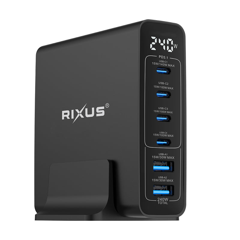 Rixus RX240 240W GaN Power Adapter With Digital Display Black