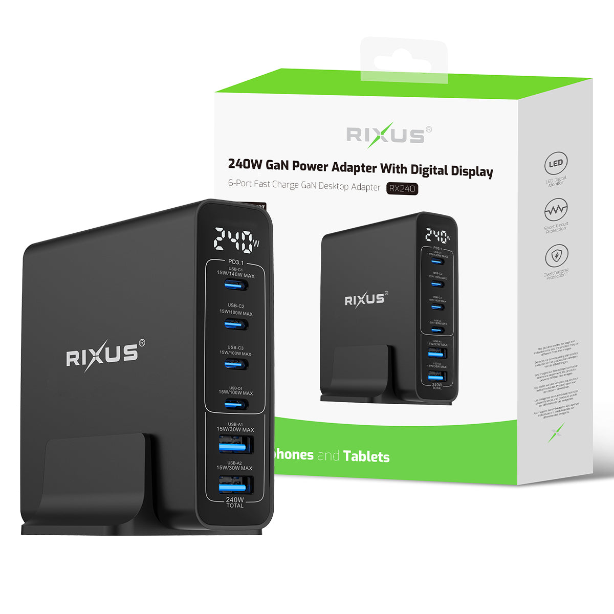 Rixus RX240 GaN Power Adapter With Digital Display 240W Black