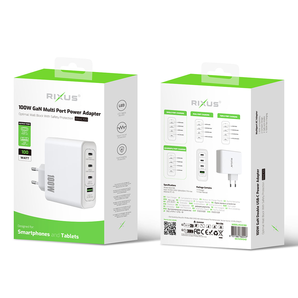 Rixus RXHC100 GaN Power Adapter 100W White