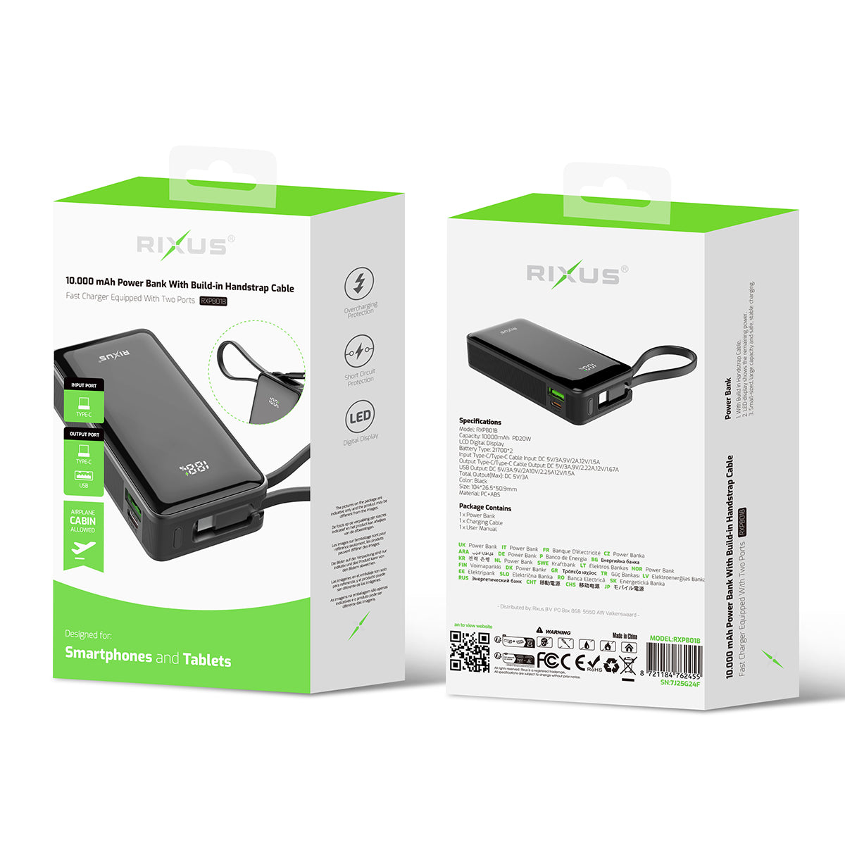 Rixus RXPB01B Power Bank 10000mAh With Built-In Handstrap Cable Black