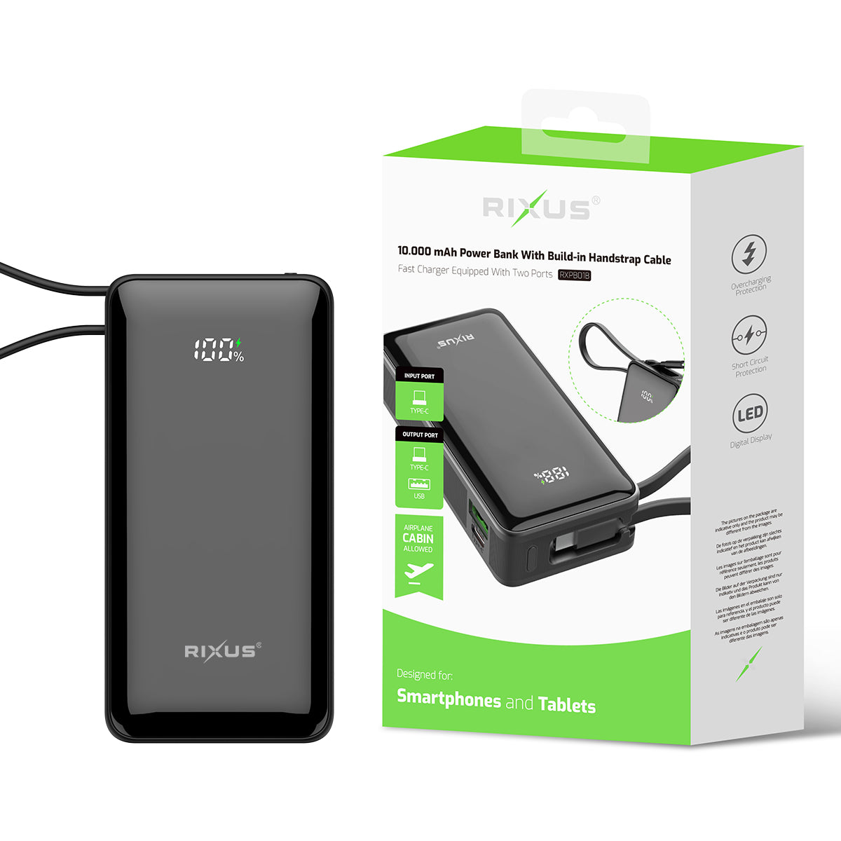 Rixus RXPB01B Power Bank 10000mAh With Built-In Handstrap Cable Black