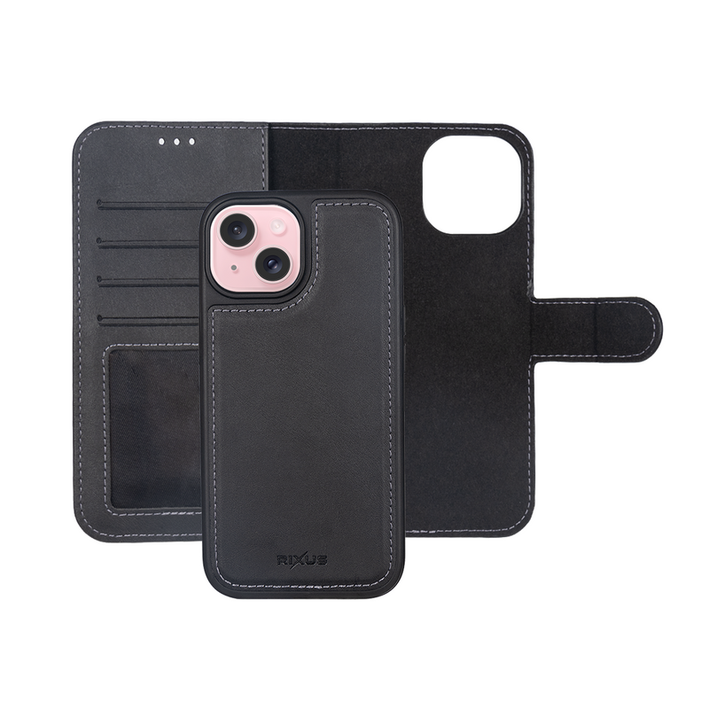 Rixus For iPhone 16 Duo Magnetic Detachable Wallet Black