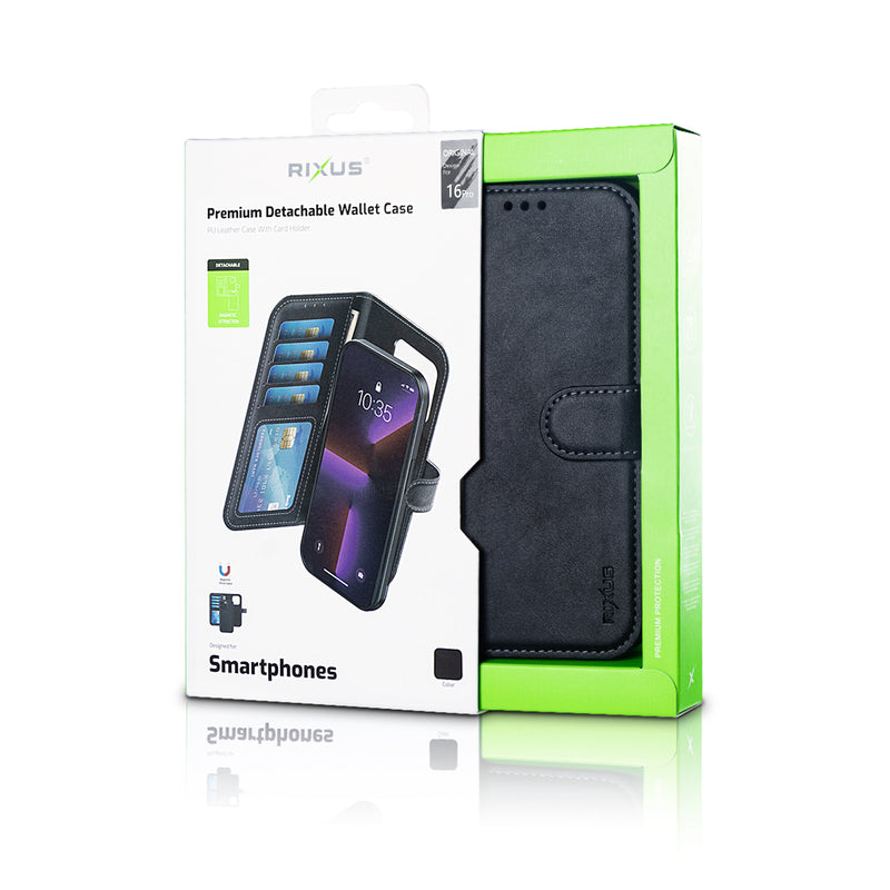 Rixus For iPhone 16 Pro Duo Magnetic Detachable Wallet Black