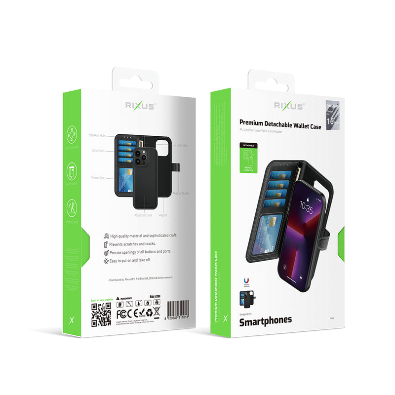 Rixus For iPhone 16 Pro Duo Magnetic Detachable Wallet Black