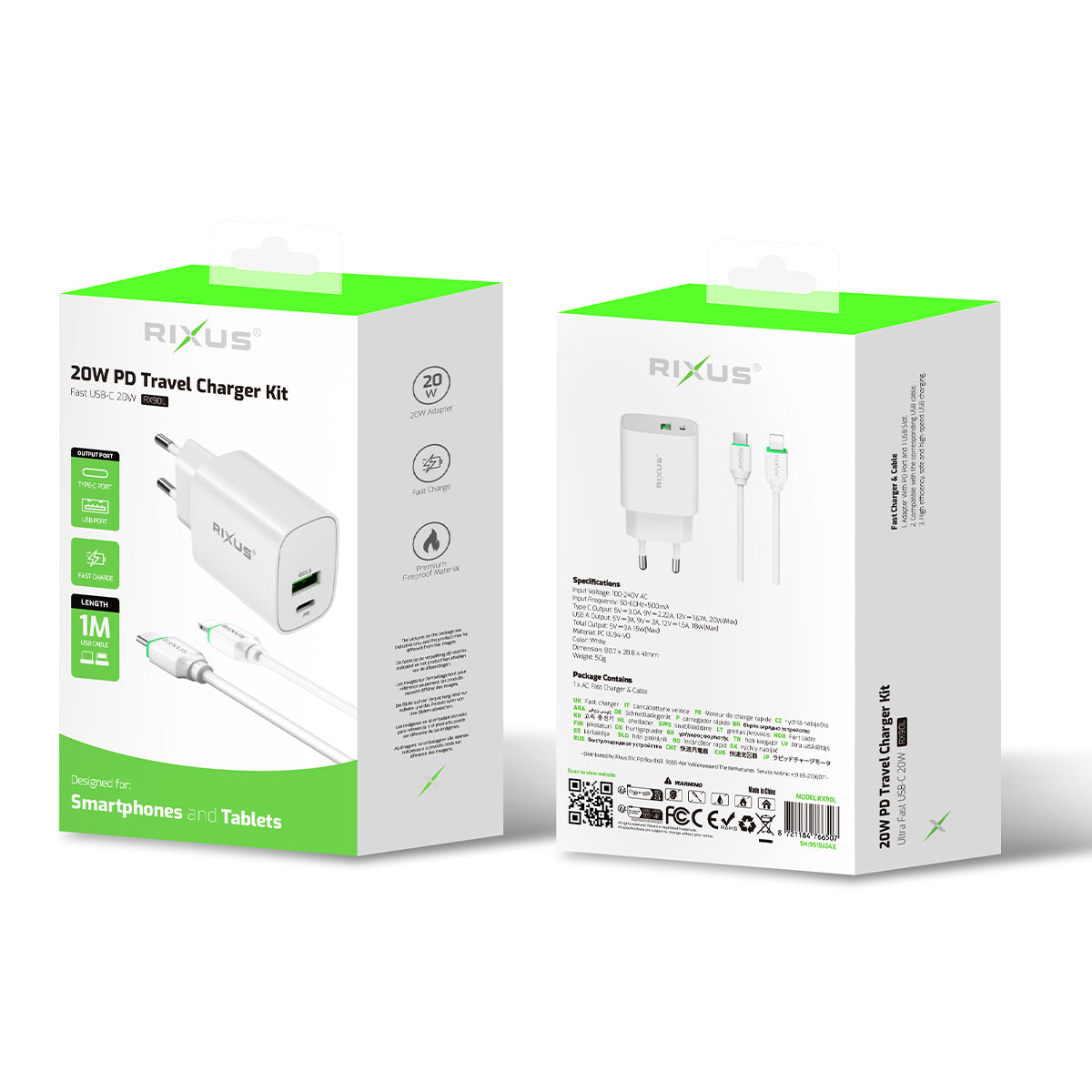 Rixus RX90L Adapter With USB-C To Lightning Connector Cable 1m 20W White