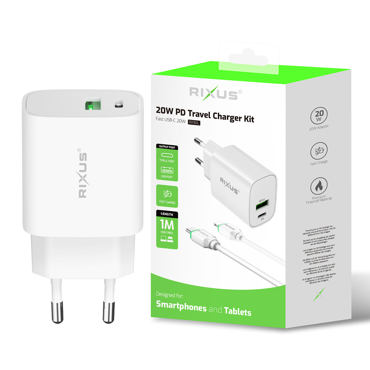 Rixus RX90L Adapter With USB-C To Lightning Connector Cable 1m 20W White