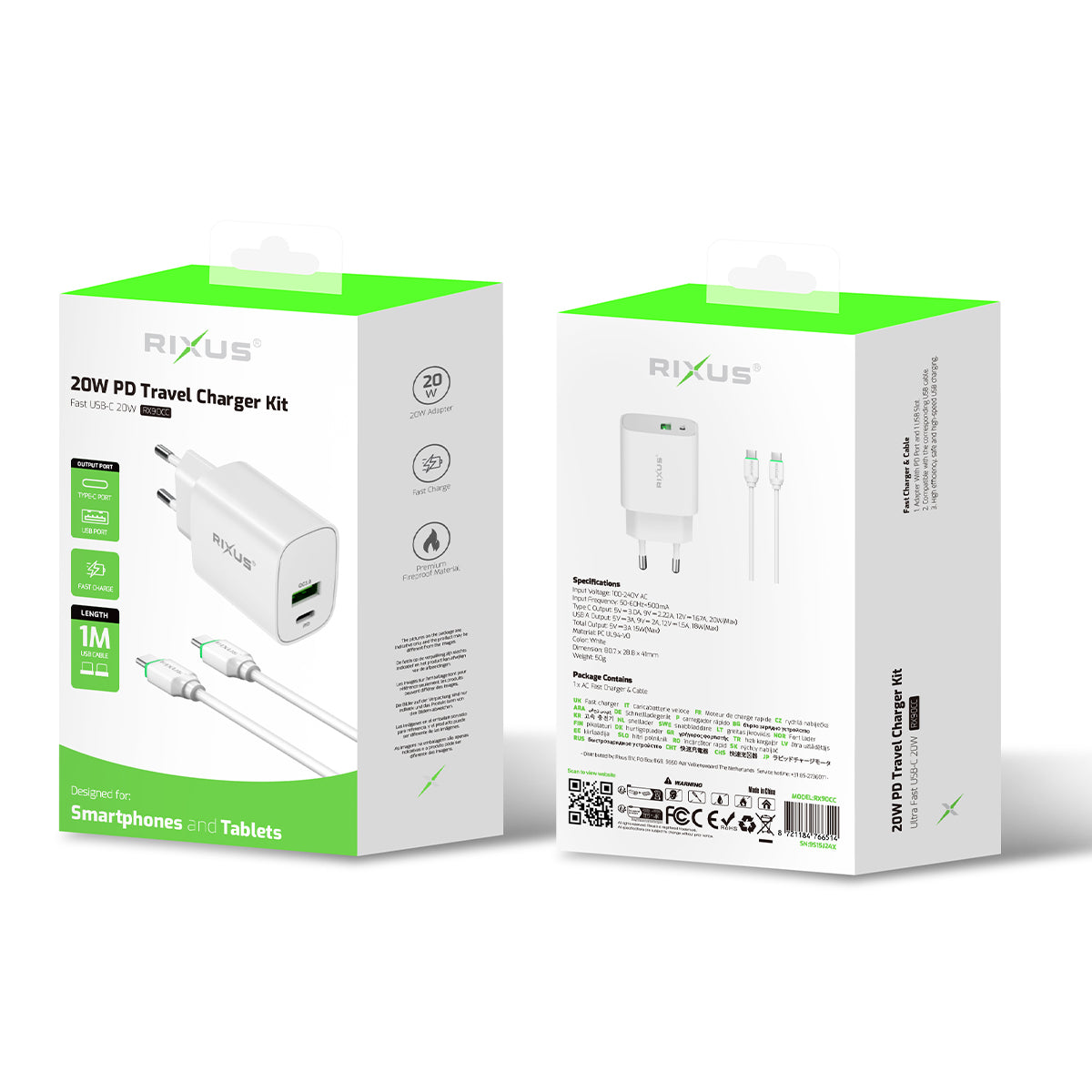 Rixus RX90CC Adapter With USB-C To USB-C Cable 1m 20W White