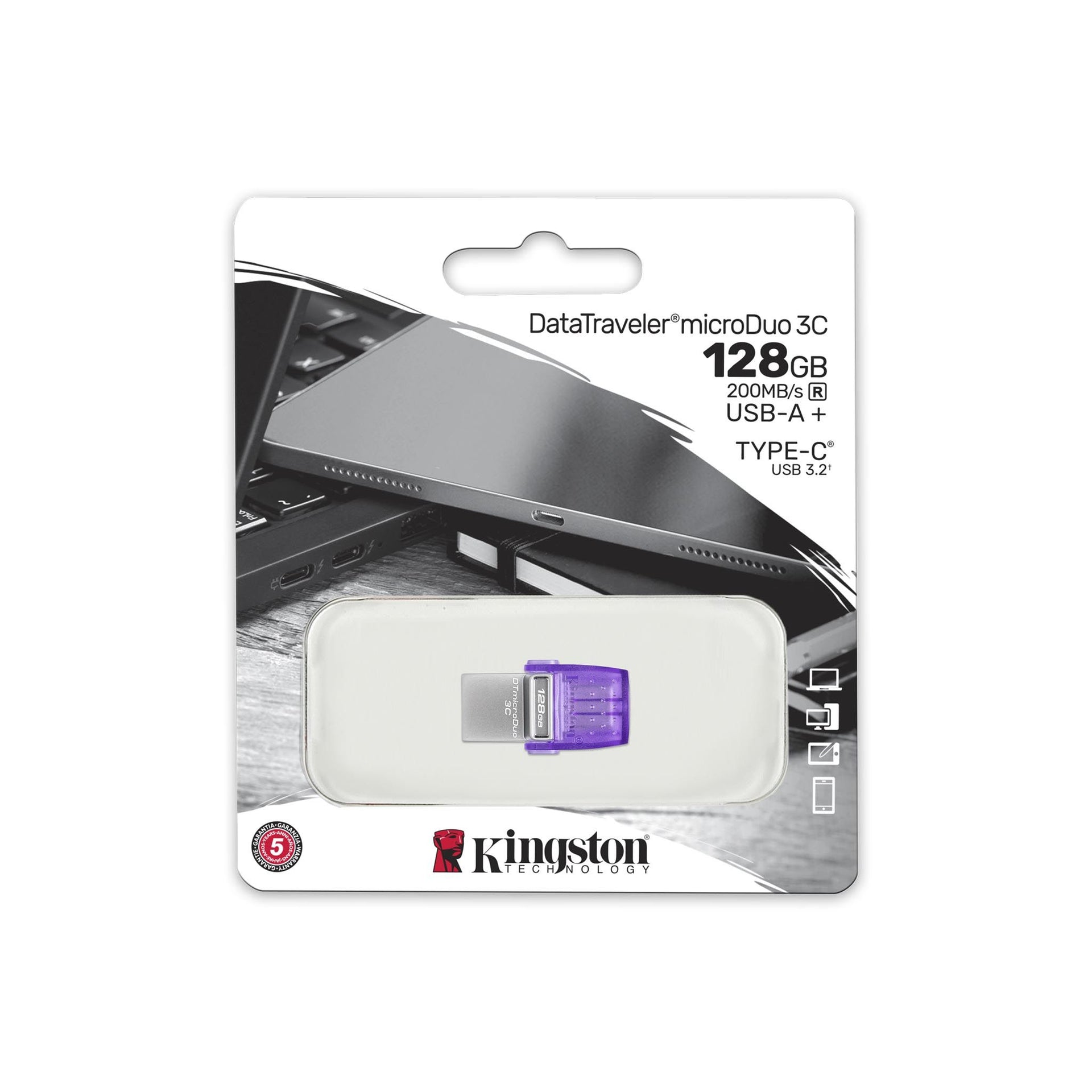 Kingston 128GB DataTraveler MicroDuo 3C 200MB/s Dual USB-A And USB-C Flash Drive Silver