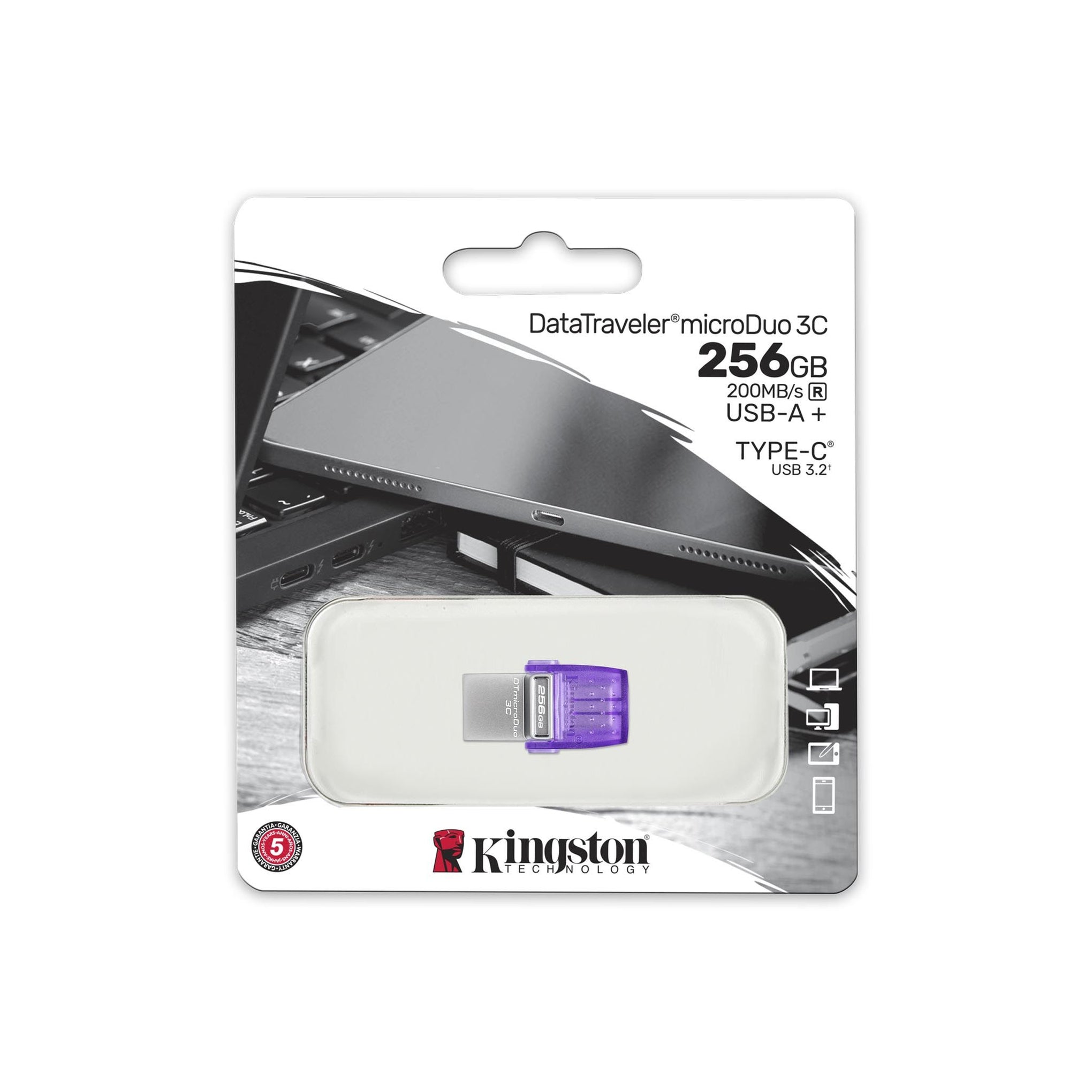 Kingston 256GB DataTraveler MicroDuo 3C 200MB/s Dual USB-A And USB-C Flash Drive Silver