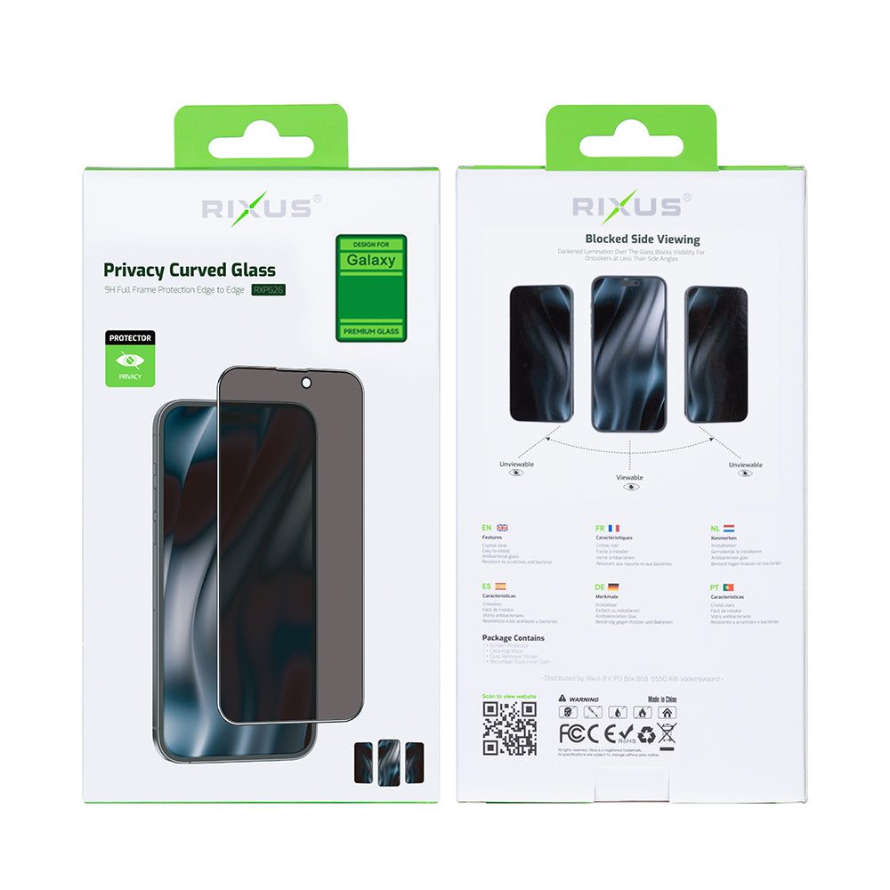Rixus Privacy Full Curved Edge Tempered Glass For Samsung Galaxy S24 FE, A36, A37, A56