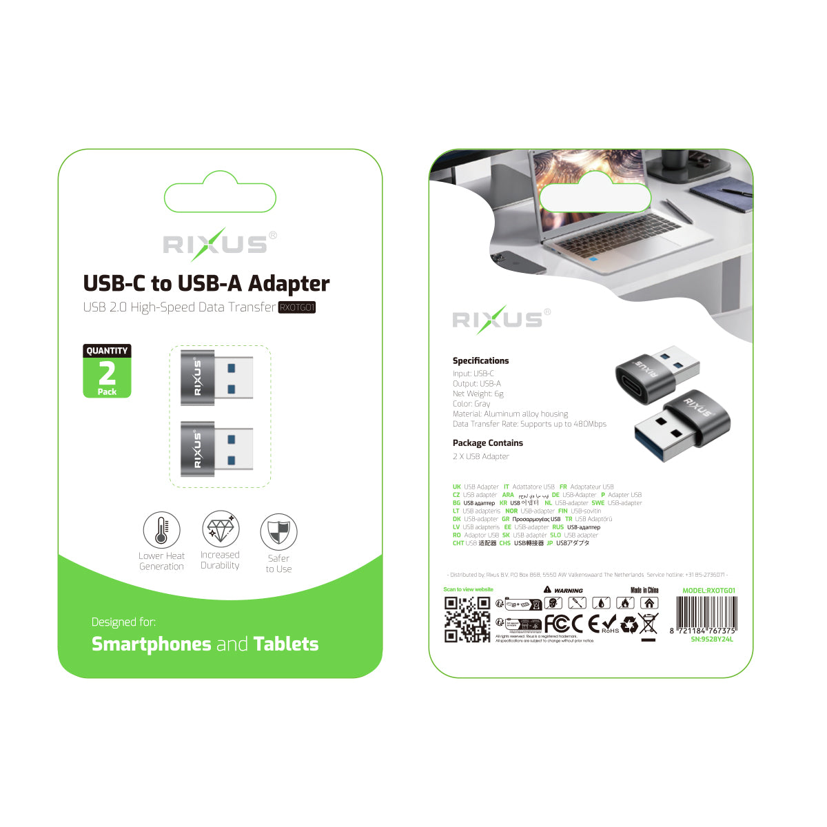 Rixus RXOTG01 USB-C To USB-A OTG Adapter Space Gray (2-Pack)