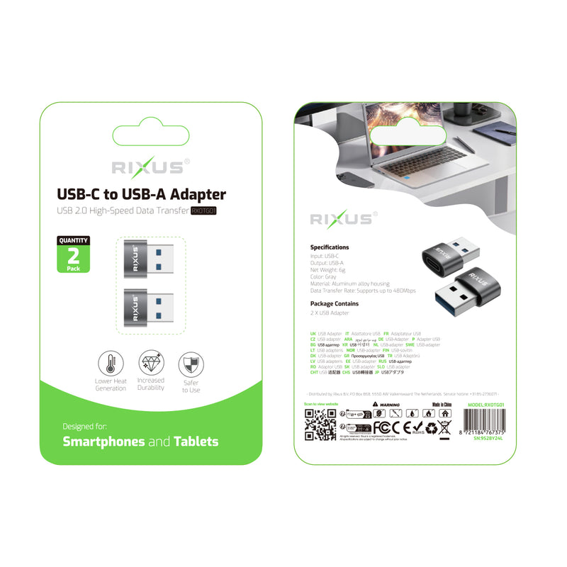 Rixus RXOTG01 USB-A To USB-C OTG Adapter Space Gray (2-Pack)