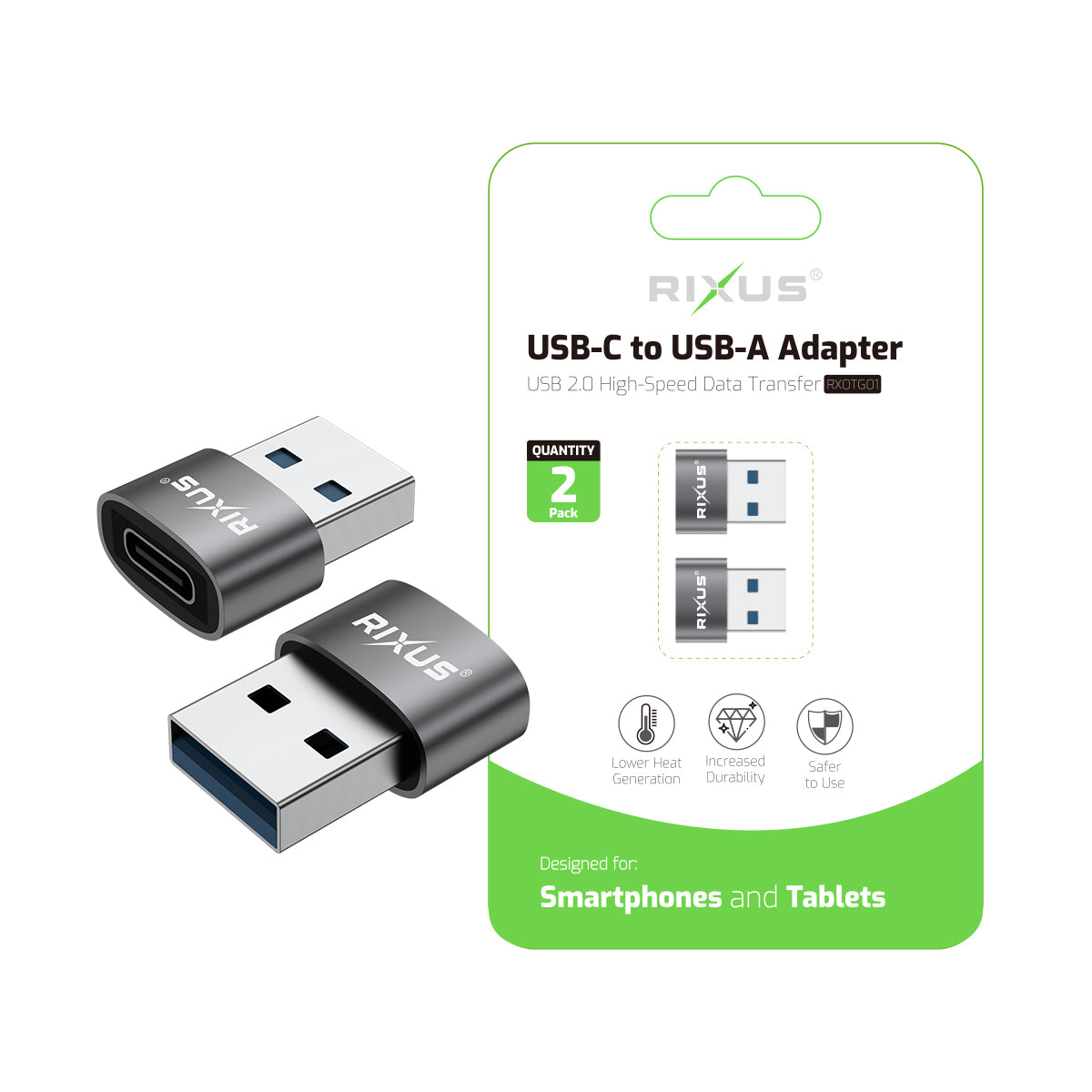 Rixus RXOTG01 USB-C To USB-A OTG Adapter Space Gray (2-Pack)