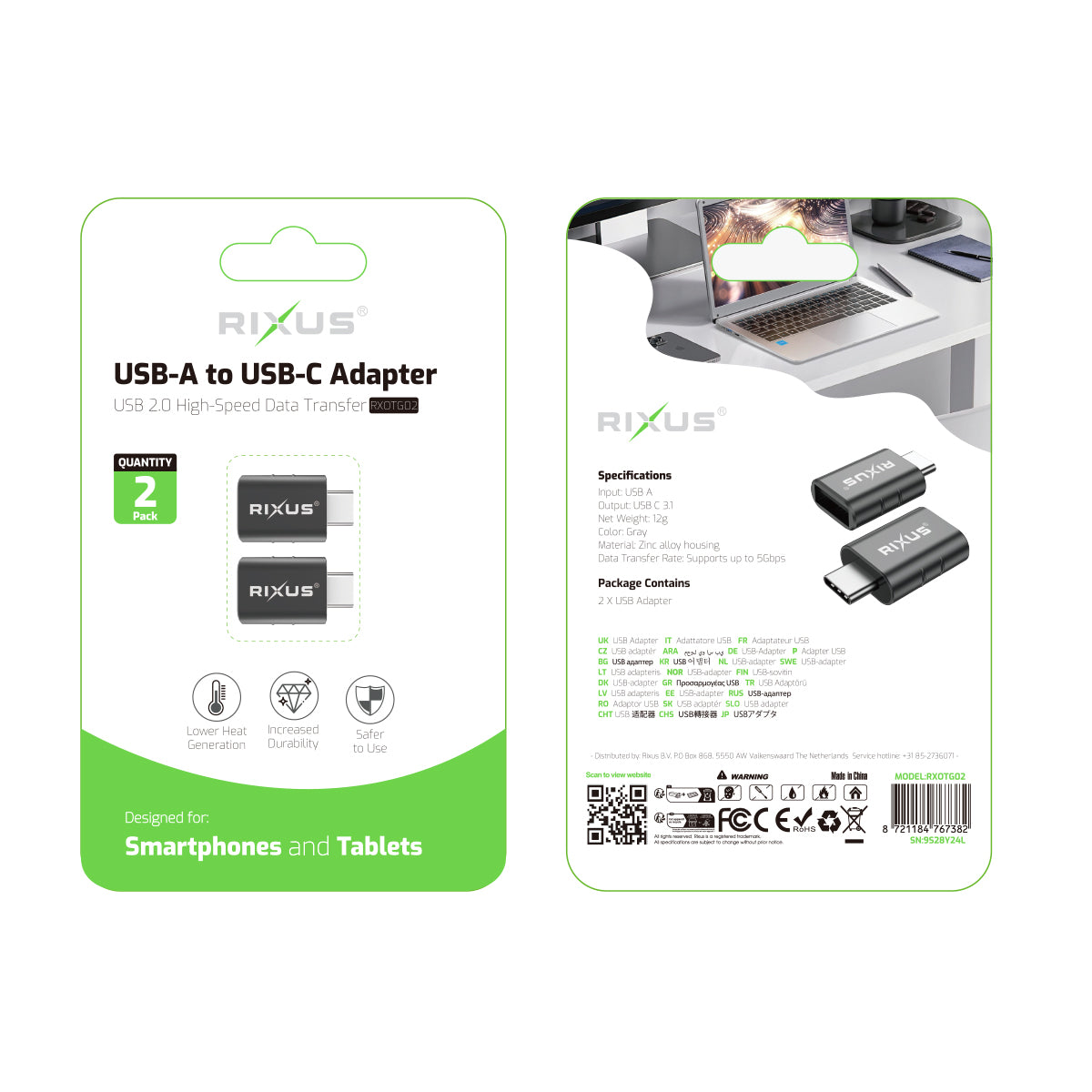 Rixus RXOTG02 USB-A To USB-C OTG Adapter Space Gray (2-Pack)